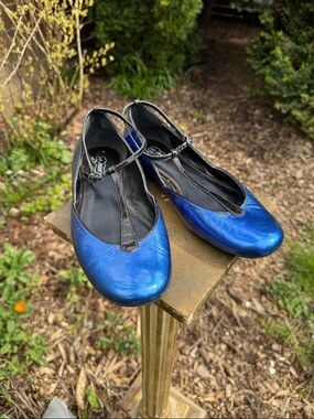 Oh…DEER! Metallic Blue and Black T-Strap Ballet Flats